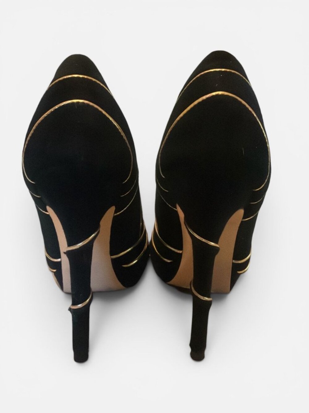 BCBGMaxazria Linden Peep-toe Pump Womens 6.5 Black Suede Gold Trim Platform Heel - Picture 8 of 9